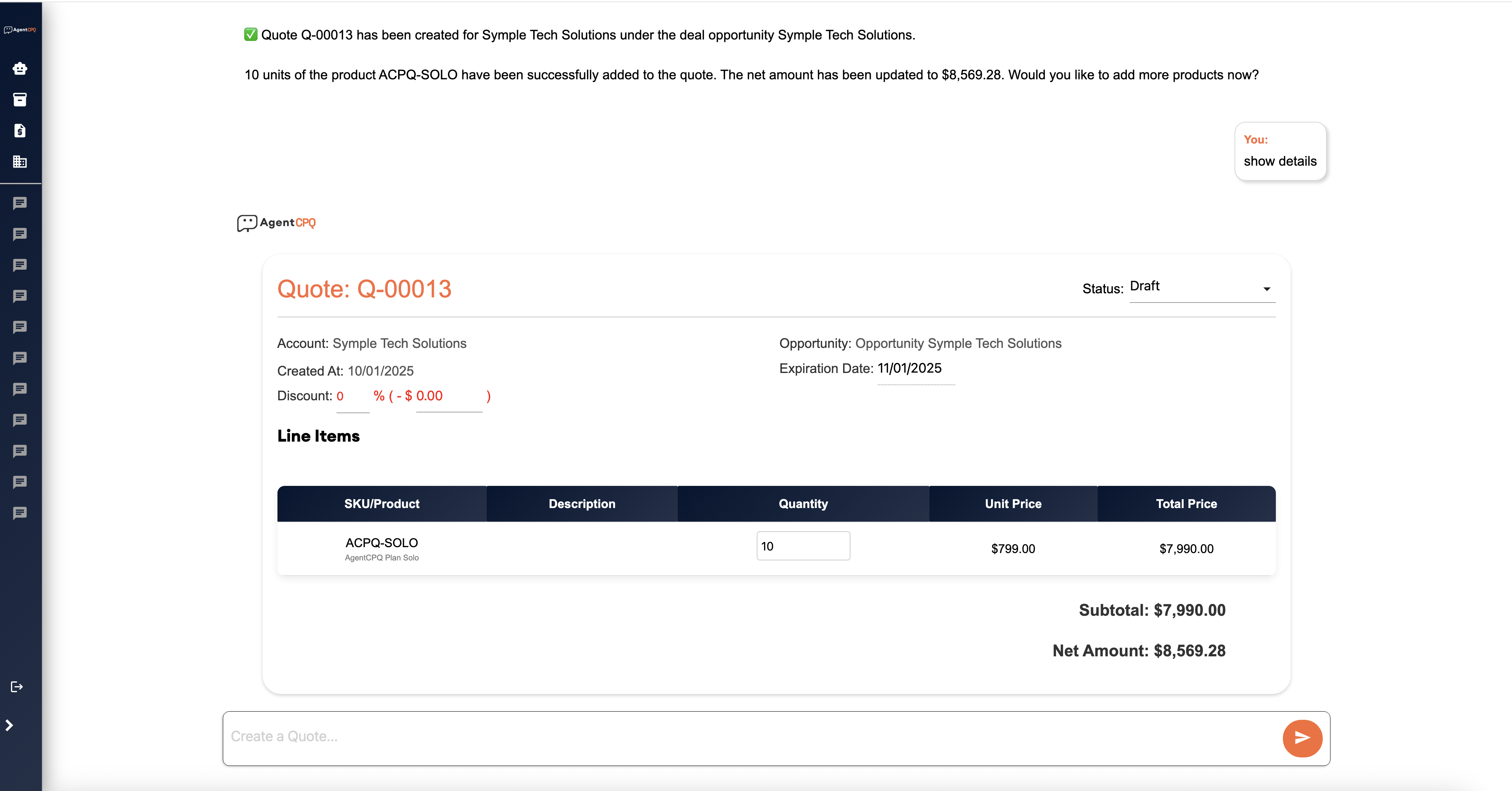 Salesperson using chat to generate quote on phone